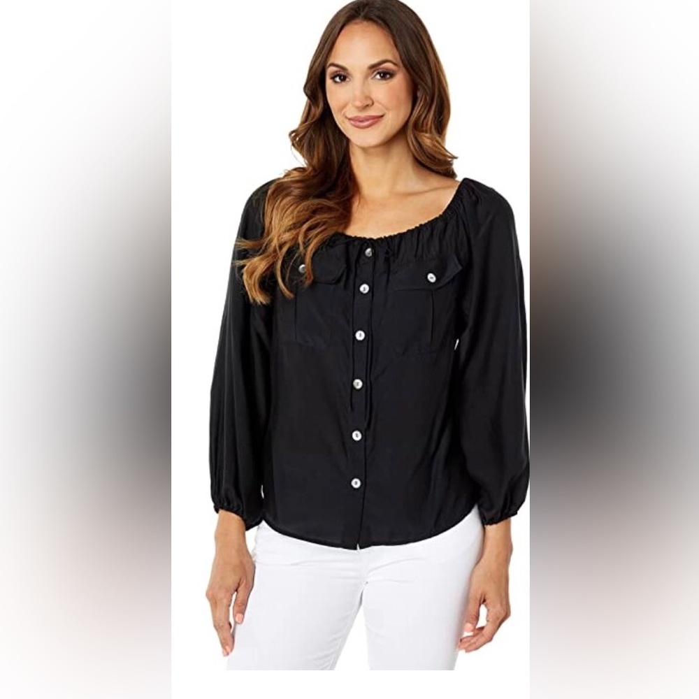 Tommy Bahama Mia Coast Silk Blend Peasant Blouse Woman Medium Black Flowy Office